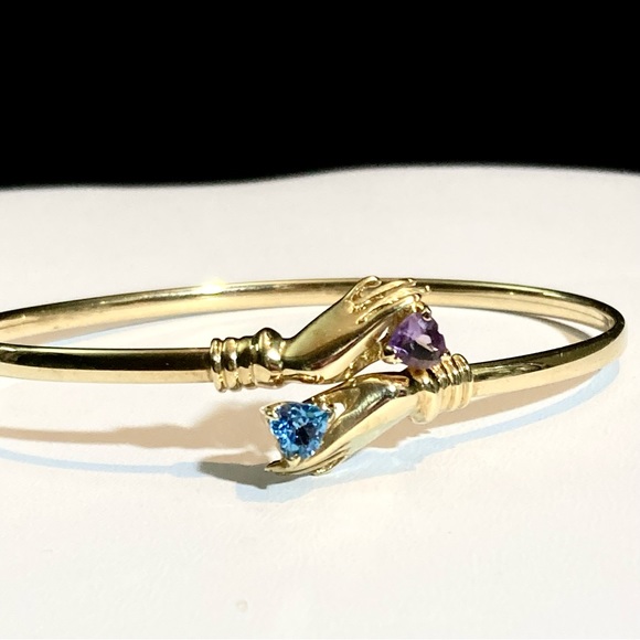 14kt Graceful 2 hand Amethyst Blue Topaz Bypass Bangle Bracelet 90's Vintage